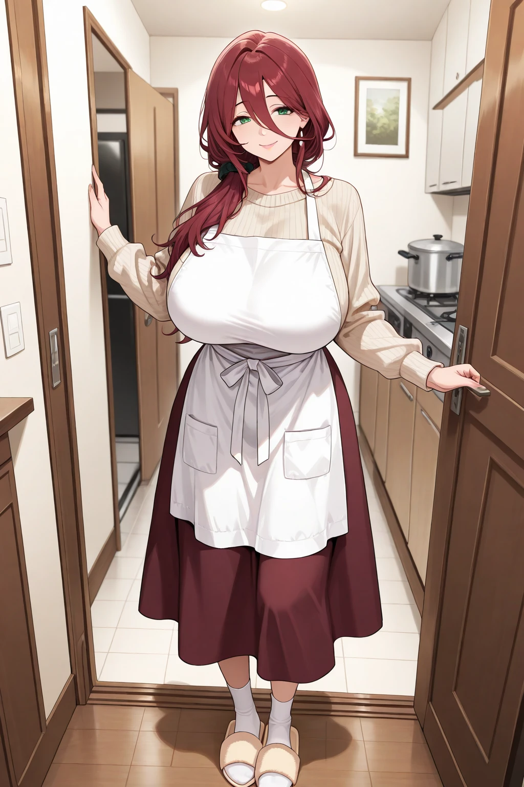 score_9, score_8_up, source_anime, 1girl, solo, KoboKanaeru, blue eyes, long hair, brown hair, , high-waist skirt, long skirt, white skirt, black shirt, long sleeves, , standing, indoors,house kitchen, (bound with an excessive amount of ropes), (bound wirsts), (arms behind back), (tapegag, tape gag), dramatic,  (looking at viewer), (detailed pupils:1.3),pencil skirt,big breast ,green rope