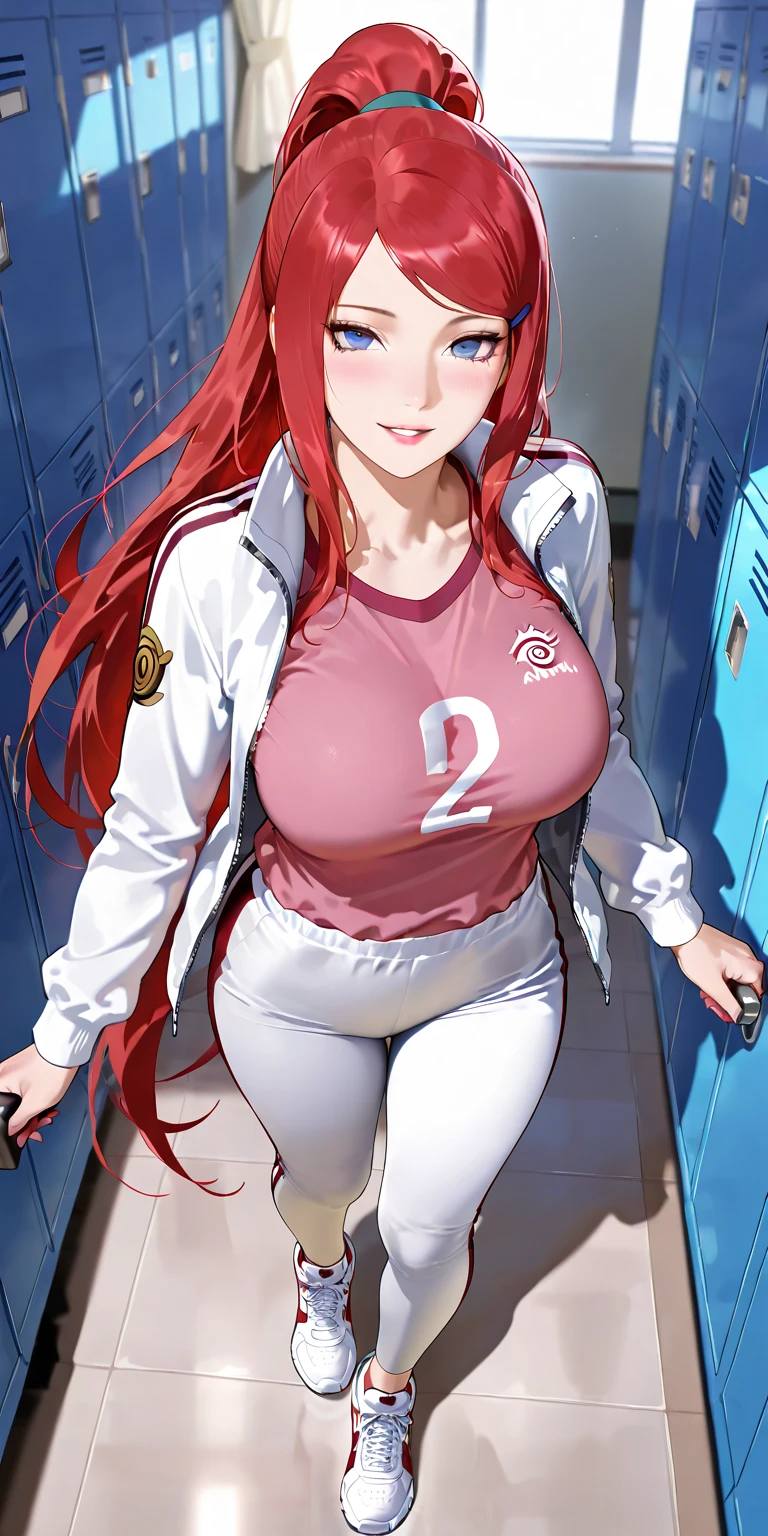 score_9, score_8_up, score_7_up, source_anime, 1girl, solo, 
mari setagaya, human-form, 1girl, solo, long hair, looking at viewer, smile, tight shirt barely can hold breasts, red eyes, red hair, fang,
track jacket, indoors, full body, very huge round breasts, very thick round thighs, large thighs, very wide hips, big round heart-shaped ass, tight clothes, milf, plumpy thighs, seductive, unzip her jacket, 10'5 feet tall, one hand pinch her nipple, teasing the viewer, swinging hips, small tight black short