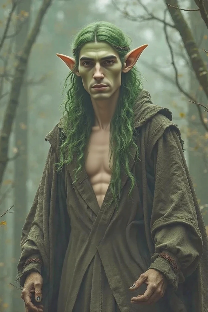 An elf man with long wavy hair smoking with a gray brick background that his skin is pale and blushing that his clothes are green black and silver that he has large and shiny transparent wings that he is full body