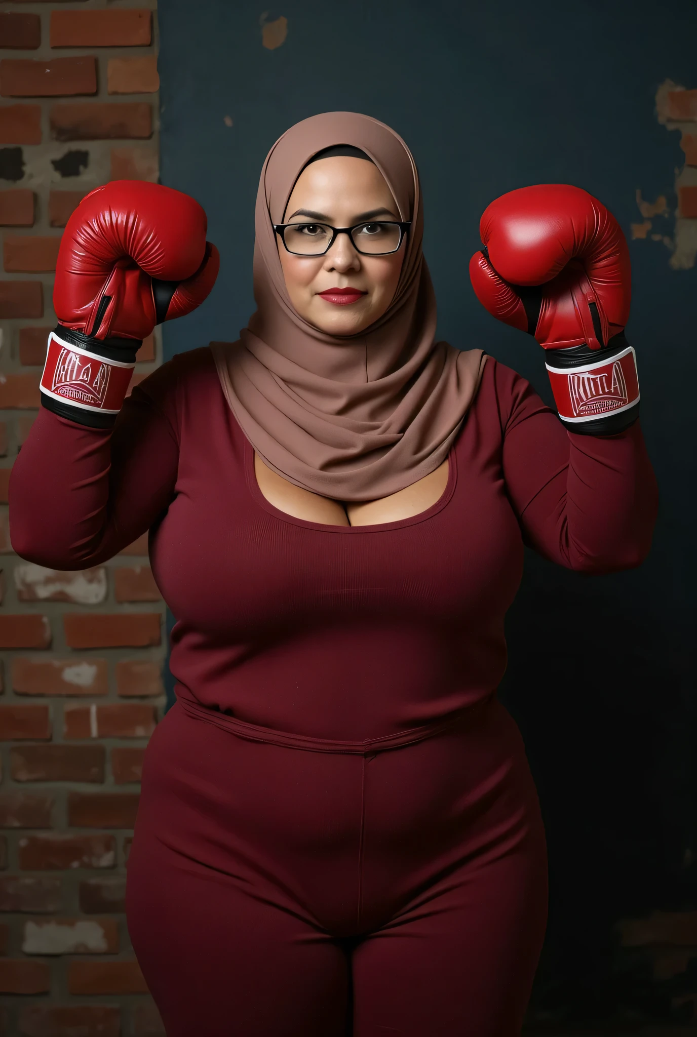(angry face expression), (The stitching is very neat), very old lady Wearing Hijab perfectly , wearing Scoop Neck Sleeveless maroon Bodysuits G-String Thongs sinlet swimsuit , (KEDUA BELAH TANGAN DI ANGKAT LURUS KE ARAH ATAS SAMBIL MEMAKAI BOXING GLOVES) PLEASE DON'T PUT ANYTHING ROPE!!!
BBW HIJAB INDO MALAY Jumbo (Singlet ), 1 girl, MOODY FACE EXPRESSION , Half body portrait, (face details: 1), (Eye details: 1), (()). Cute posed. proportional body. ultra high res. realistic: 1.4, UHD, ((bigger:2.3)), (((dark background))), Background worn old brick wall , arms Bodybuilder Auntie, Sitting on a round table stainless steel,