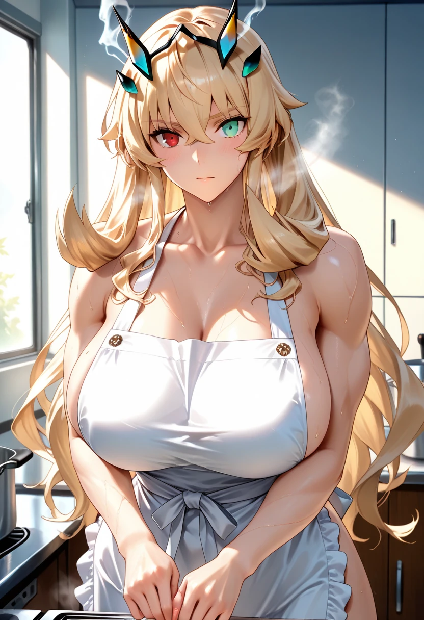 ((Highest quality)),masterpiece, Shokuhou Misaki, (Very large,Big Breasts), solo, Long Hair, Blonde,((Yellow Eyes,Cross light in the eye)),tall, (nude,apron),smile,Trance,Hands on hips,kitchen,