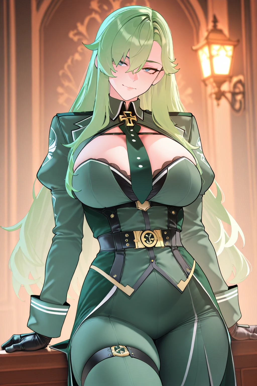Anime, 1 girl, solo, kimtag, side-layered hairstyle, emerald colored hair, green eyes, furious face, busty, firm plump body, genetics's uniform , Juliet sleeves, deep cleavage, face scar,, large skirt, posing with her hands in the hip