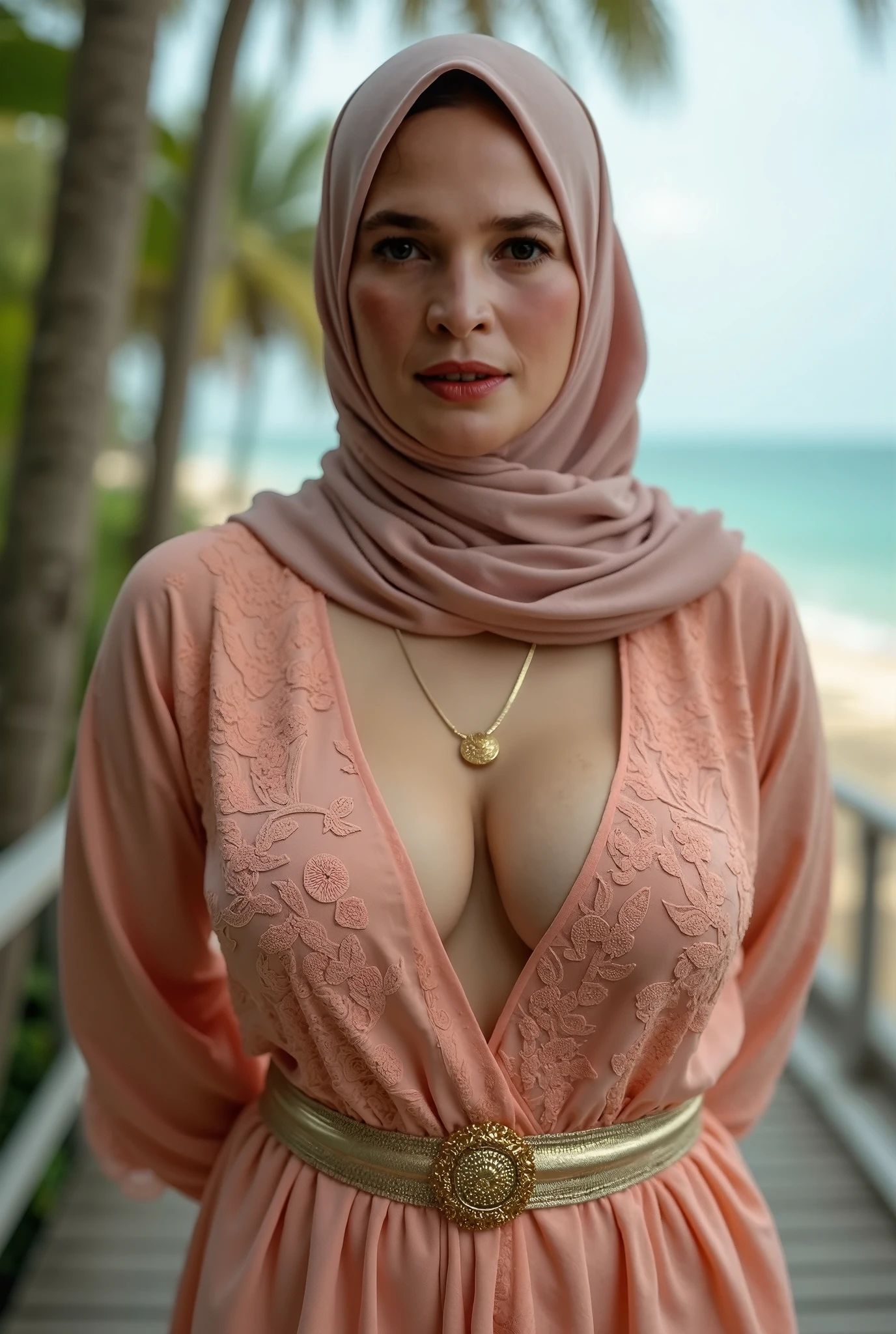 (((Standing NSFW:1.5, pubic areas is hairy:1.5))), (((red lipstick))) Full hijab, perfect hijab style, colourful hijab style (((Malay prostitute, Malay gorgeous, Malay beauties))), 3girls, Look at viewer (((3 womans:1.5))) (((3 womans:1.5, womans standing full naked and nudes))) (((Perfect hijab))) (((blurry background, eye focus, cowboy shot, island beach background, facing front, dramatic light, cinematic light, realistic, realism))) (((huge heavy wide breast:1.3))) 8k, high res, HQ, UHD, (photorealistic:1.4), RAW, Best quality, high resolution, masterpiece: 1.3), beautiful Malay queen in hijab showing cleavage in sexy bellydancer highslit,Masterpiece, Soft smile, choker, (((colorful))) (8k Very Detailed CG Unit Wallpaper), (Best Quality), (Best Illustration), (Best Shadow), (Detail: 1.4), 3D, HDR (High Dynamic Range), Ray Tracing, NVIDIA RTX, Super Resolution, Subsurface Scattering, PBR Texture, Post Processing, Anisotropic Filtering, Depth of Field, Maximum Sharpness and Acutance, Multi-layer Textures, Albedo and Highlight Mapping, Surface Shading, Accurate Simulation of Light-Material Interactions, Perfect Proportions, Octane Rendering, Two-tone Lighting, Wide aperture, low ISO, white balance, rule of thirds, 8K RAW, intricate detail, fine pattern, deep shadows, masterpiece, realism, roughness, ultra-realistic, shot on Canon EOS R5, 50mm lens, f/2.8, sharp focus, smooth, roughness, real life, realism, photography, 8k ultra hd, (((((Best quality)), ((masterpiece)), (highly detailed:1.3),palm tree on a pink and blue background, tropical trees, tropical palms, palm trees, palm trees on the beach, coconut trees, palm trees in the background, tropical atmosphere,hyperrealistic,hyperrealism,hyperdetailed,island beach background)))