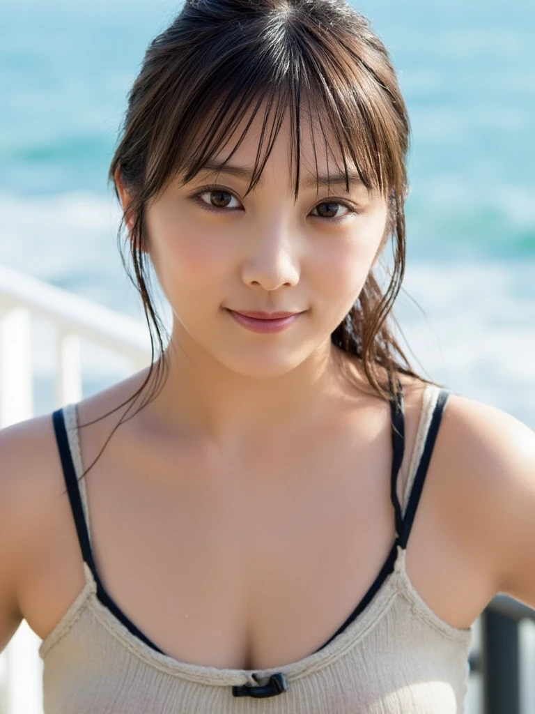 8k, highest quality, masterpiece, super high resolution, (realistic:1.4), RAW Photos, (Film Grain:1.3), One Girl, portrait of a skinny Japanese woman, 30 years old, standing on the beach, a cute face, detailed face, detailed eyes, {short|long} hair, correct body anatomy, photogravure