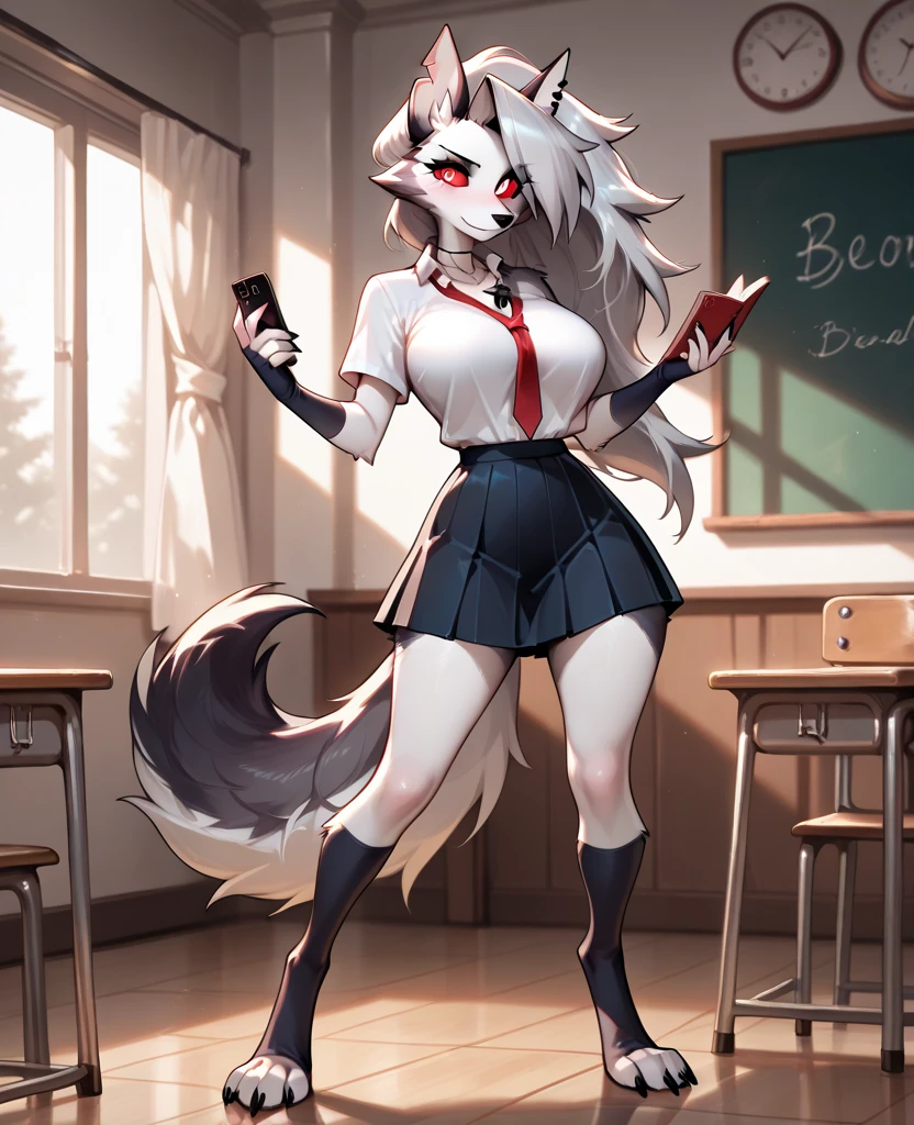 Loona from Helluva Boss, female wolf, anthro, mature adult, white shirt with tie, skirt, heels, detailed, serious, cold expression, hands crossed, tall female, grey eyes, solo, beautiful, high quality, full body, front view, clear background, visible hands, 4K