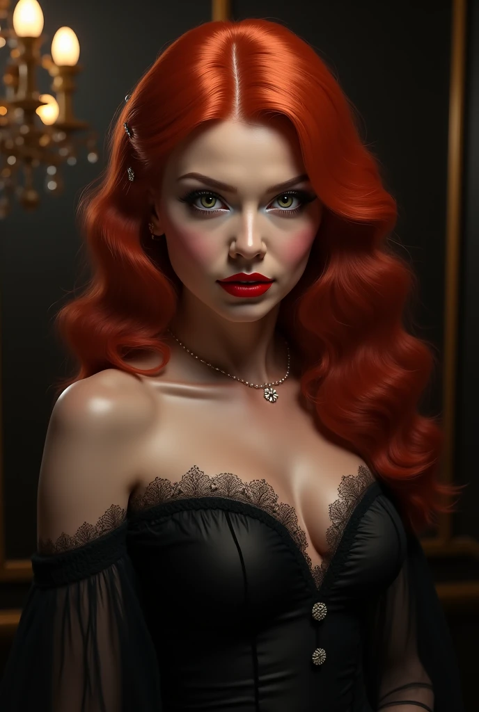 4k, 8k, masterpiece, best quality, upper body, 1girl, looking at viewer, red hair, medium hair, purple eyes, demon horns, black bikini, indoors, dimly lit, the age of the actress is 23 years old, open bust, big breasts
