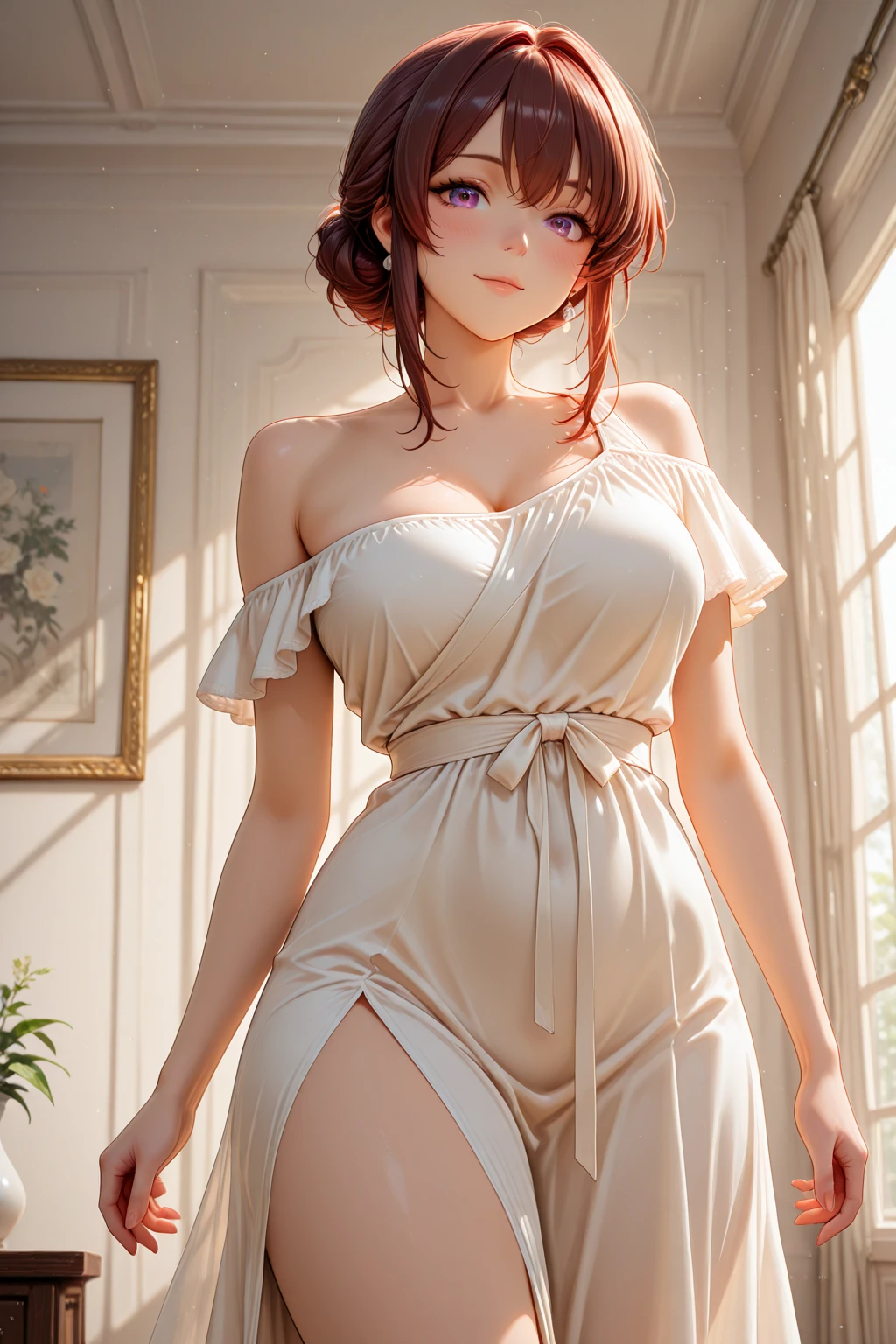 masterpiece, best quality, ultra-detailed, 1girl (namiop, sexual slavery of old man,Big and pretty breasts,naked body, jewelry, earrings, dog collar(chains), orange hair,long hair, brown eyes, empty eye), a shallow face, smile, pink lipstick, soft makeup, parted lips, facing viewer, looking at viewer, solo, nude, see-through dress, long dress, cleavage, sideless, wanostyle, in the bedroom, slave , standing, Sexy waist teasing, come-on, lure