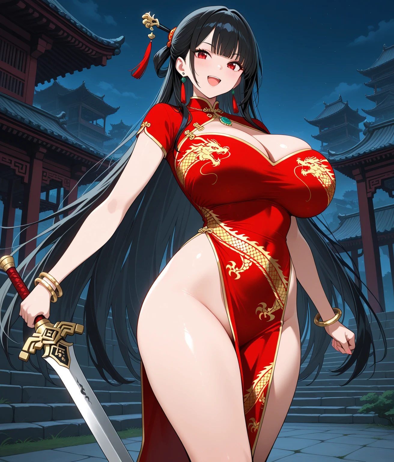 1 Woman, mature, High (1.85 cm), looks about 35 years old, has long black hair, straight and shiny, tied in the Chinese Taoist style, majestic black eyes, Extremely detailed eyes, perfect eyes, đôi mắt cực kỳ thực tế, balanced eyes, Long eyelashes, Anime style, perfect face, milf face, full red lips, mature, smooth white skin, natural body, sexy body, milf body, Perfect hands, detailed hands, arms in proportion to the body, đôi tay thực tế, arm with good anatomy, She was wearing only a red Chinese style dress decorated with gold and silver with phoenix motifs woven into the dress but still could not hide her extremely large and gigantic breasts., very big breasts, four hands can lift,breasts sag due to their size, leggy, thick thighs, wide hips, wear black socks, full body drawing, have full arms and legs, look at the viewer, The background is a Chinese-style pavilion., pose alone, look at the viewer.