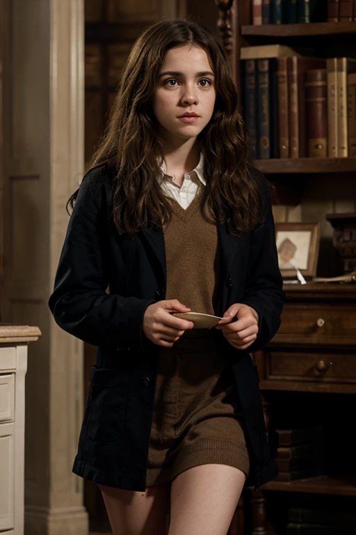 Create an image of Hermione Granger from the Harry Potter series.

Description:

A young girl with bushy brown hair.
Wearing a  with a black robe.
Holding a book or a wand.
Background: A magical setting, such as a castle or library.