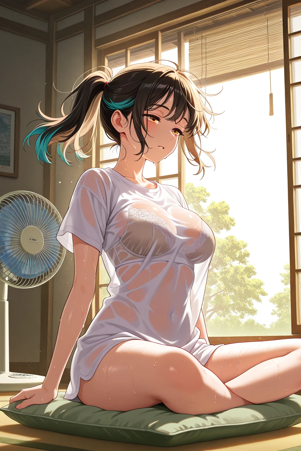 Highest quality, Super Resolution, 8K, (Delicate expression), Pretty Girl JC, too young girl, Chibichara, Cute face, Shiny brown hair in a ponytail, Perfect human body, She is half-naked, (Small breasts), Small breasts, The nipples and areola are pale pink, Embarrassing, Looking up, Showing off her pussy and asshole, I want you to lick my pussy, I want you to touch my pussy, Excited and wet pussy, Spread your legs wide, Most of the school uniforms are taken off, Immoral poses, Immoral Eros, Bedroom, Makes men crazy, Immature female body, Dynamic Angle, 