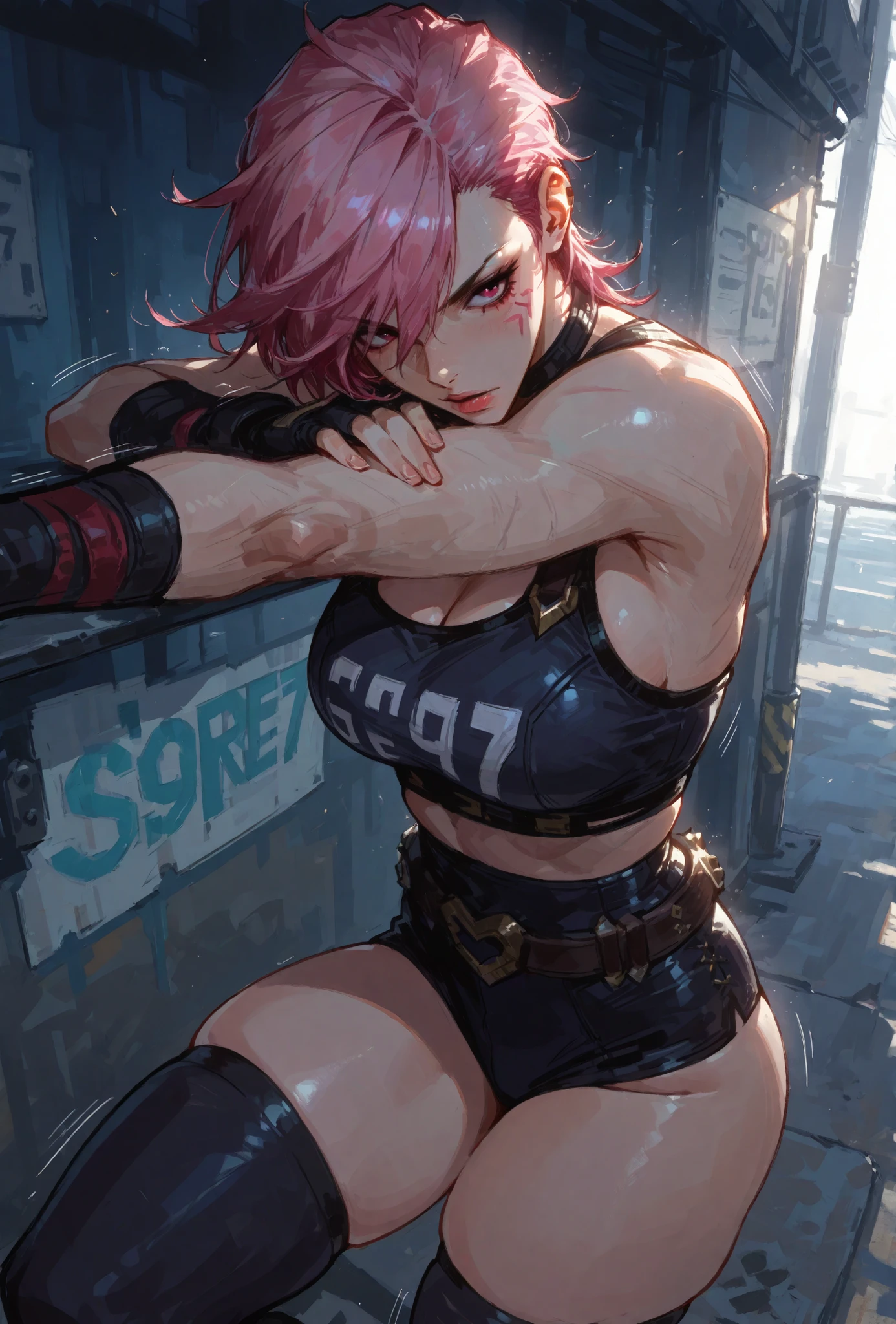 Masterpiece, best quality, absurdres, perfect anatomy, 1girl, solo, short pink hair, black sports bra, cleavage, boobs, black leggings, bubble butt, muscular, hands on hips, rooptop, night, sky scenary, full moon, stars