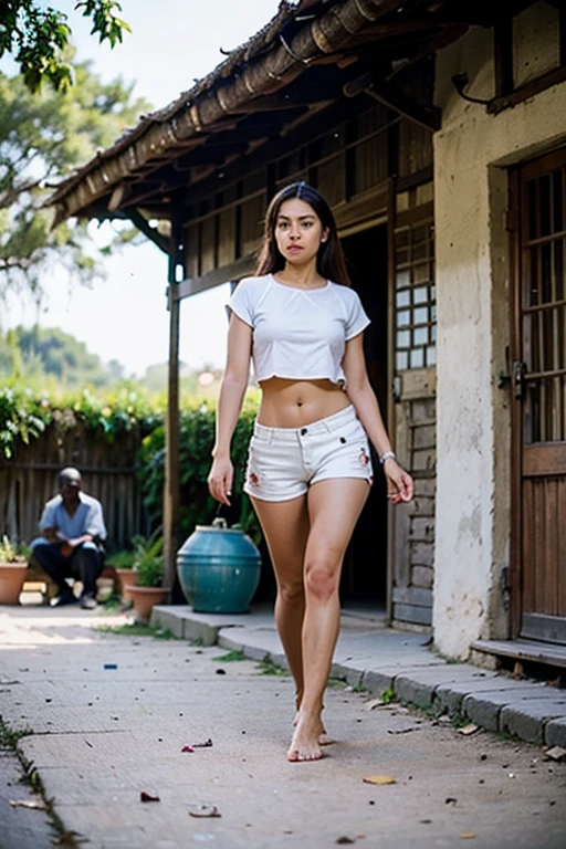 (best quality,ultra-detailed,realistic:1.37), HDR, (portrait,concept artists:1.1), vivid colors, (beautiful,slim),(indian),(woman),(nude above waist),(wearing tan short skirt),(village), short huts, no one else on the streets, bright lights, rural environment, village architecture, vibrant atmosphere, dynamic perspective, dusk time, village, mid-range fashion, confident expression, stylish hairstyle, tomboy haircut.