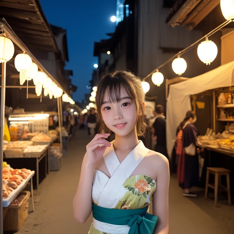 A very cute face like an idol、A young-looking 20-year-old woman wearing a Japanese yukata with three-quarter sleeves、Cleavage、night、Walking through a Japanese festival、Natural light、Whole body