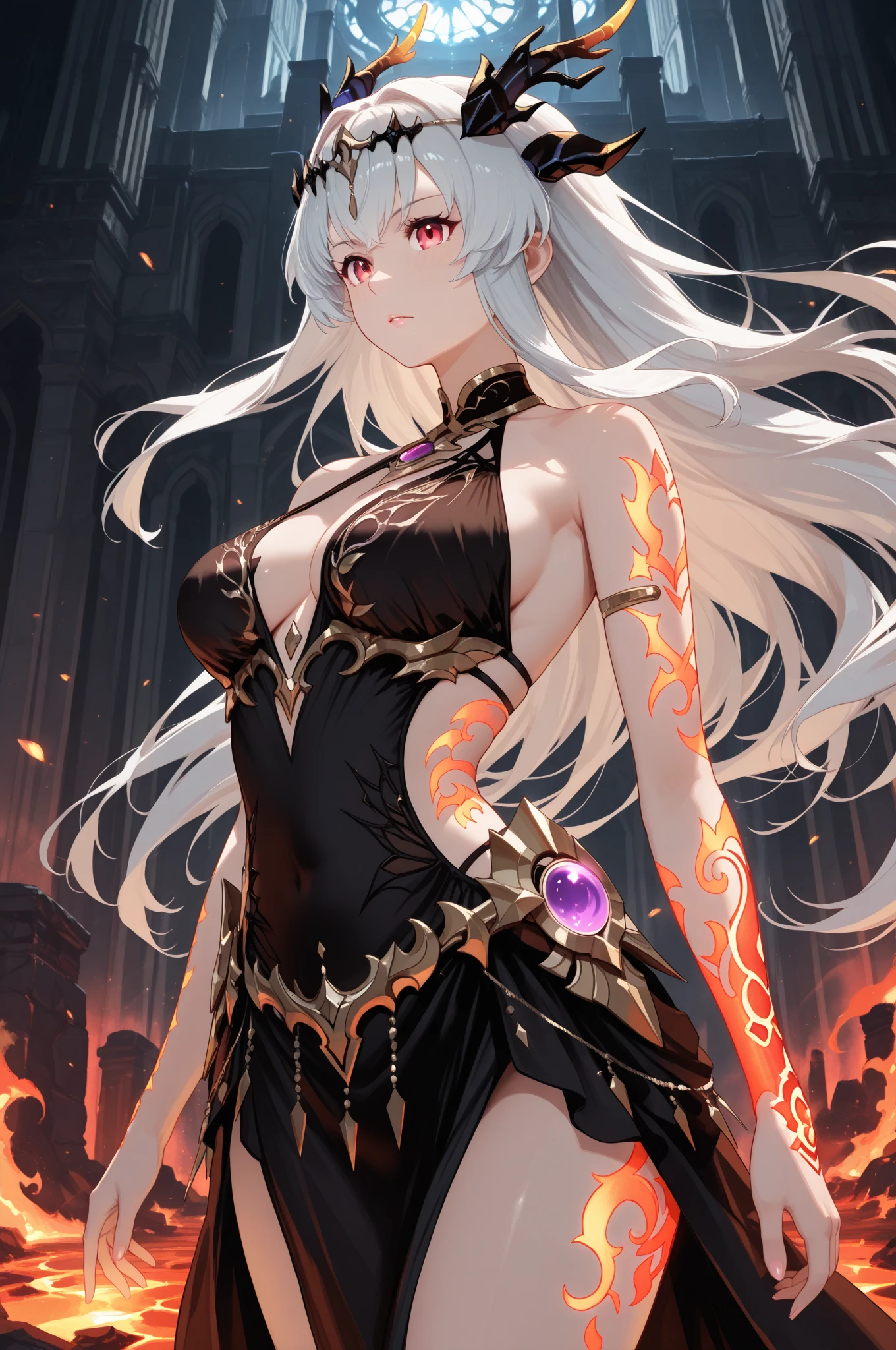 ((highest quality)),(ultra high resolution),(Super detailed),(detailed description),((best CG)),(best work of art),super precision art,great drawing art,(Fantasy art with precise details:1.5), (1 woman:1.6),witch:1.6,(beautiful and well-shaped face:1.5)),(glamorous body:1.6),amulet:1.6,earrings:1.3,bracelet:1.5,Long skirt with slits:1.7,magic circle:1.6, explosion:1.7,lightning:1.4,Torn night sky:1.7