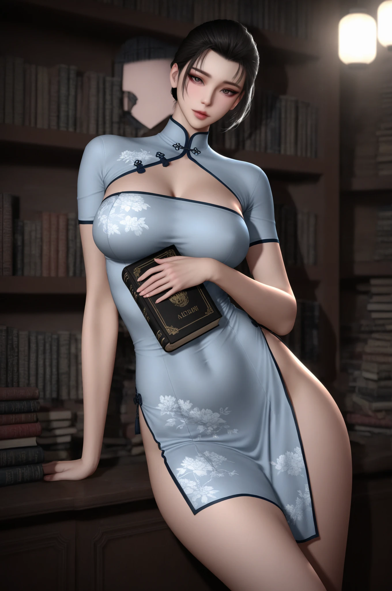 full-body close-up, create an elegant atmosphere, (masterpiece),(best quality), glasses, chakumomi, pov hand, breast grab, (embarrassed),sweater, in library, standing on wood floor