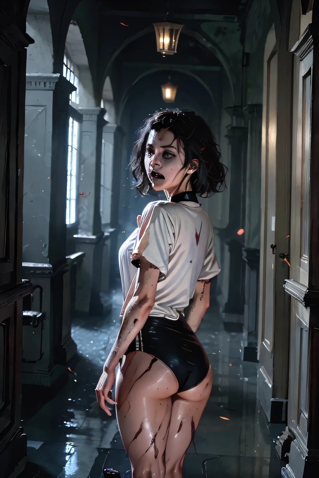 masterpiece, Highest quality, masterpiece,Zombie Girl　lying, Evil Dead, Dark Energy, empty, Hollow Eyes, (an extremely evil),Dead Girl、 black magic, Dark Forest, Negative Energy, hell, Corpse wearing a black gymnastics bloomers,high leg,self wedgie,white blouse、lava,fire,lying,横たわる遺体