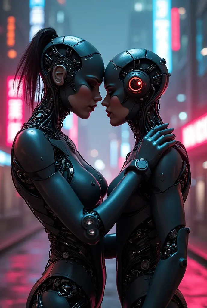 The romance of two cyborgs in the big city, defile show, high quality, best quality, absurdres, masterpiece, beautiful, intricate details, 1/2 body crop, slim body, beautiful figure, magnificent anatomy, (intricate details:1.12), HDR, (intricate details, hyper-detailing:1.15), (natural skin textures, hyper realisitc, soft light, Sharp:1.2)