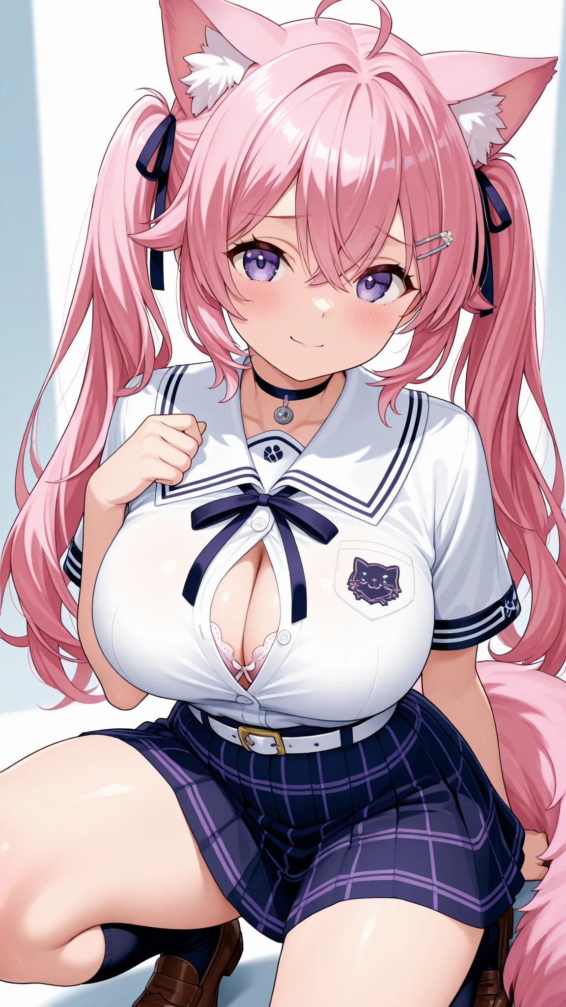 female, female only, seductive. seductive smile, blush, blushing, lusty smile, is horny, shy, lusty expresion, heart pupils, hearts, thick ass, fat ass, huge ass, thick thighs, embarrassed, blushing, blush, shirt, jean shorts, very tight clothes, reference sheet, model sheet, pink hearts,
