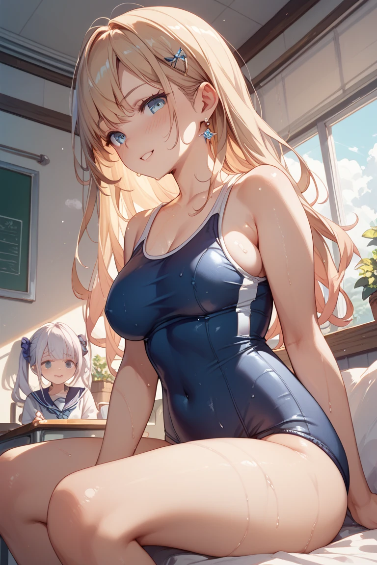 High quality、highest quality、complete limbs、Ultra high definition、Sparkling eyes、full finger、slender beauty、Group of 3、Wearing a school swimsuit、shiny skin