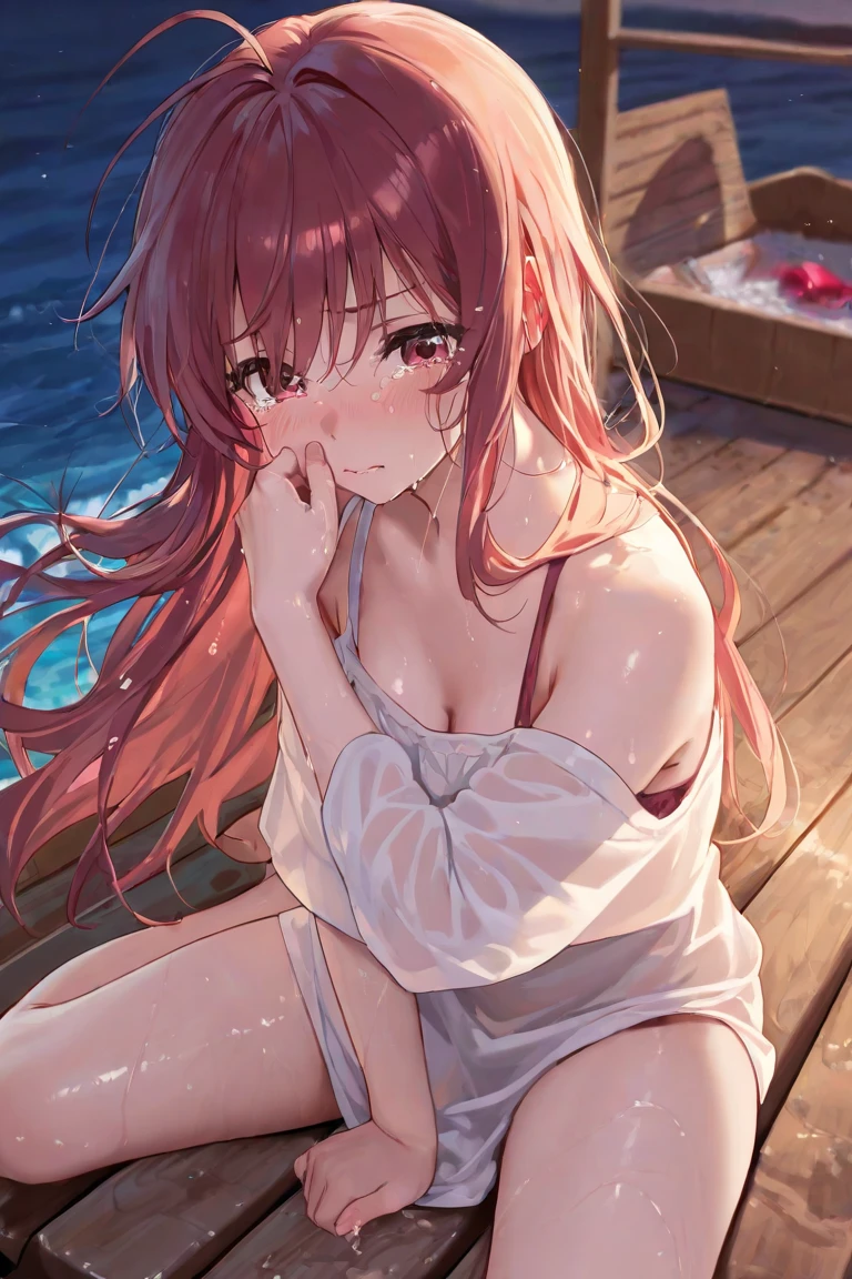 ONLY WEAR SEE-THROUGH BIKINI sitting, w sitting on the ground, legs on the ground, photo actual, lip gloss, actual, best quality, ultra-high resolution, depth, pastel colors, natural shadow, focus on the face, look at the face, looking at the audience, long hair, Hair accessories, black hair, brown and detailed eyes, 、Top image quality、​Masterpiece、teenage girl((sixteen years old, My whole body is covered with wounds、Skin color top， With pink nipples、best bust、Bust 85、Red hair、shortcut, red eyes、open your mind、valley、happiness、A slender one、Soaked all over、Fall to the ground、panties view, legs together,、lean back、Proud、在floor上, laceD underwear)）high quality、beautiful art、background with((Nice hotel、floor))、on the table、Well-designed、visual art、theatrical movies
