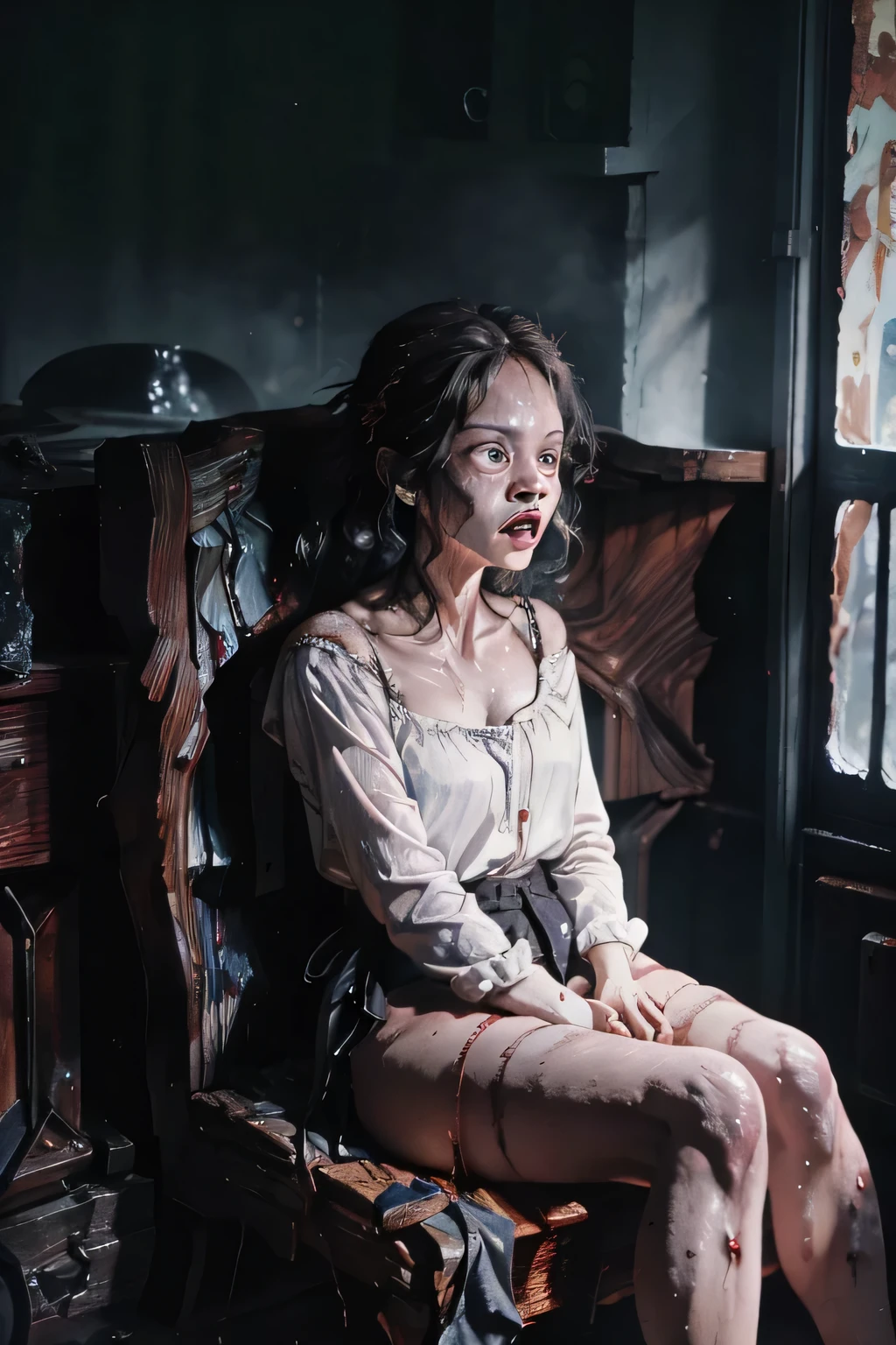 masterpiece, Highest quality, masterpiece,Zombie Girl, Evil Dead, Dark Energy, empty, Hollow Eyes, (an extremely evil),Dead Girl、 black magic, Dark Forest, Negative Energy, hell, Corpse wearing a black gymnastics bloomers,high leg,self wedgie,white blouse、lava,fire