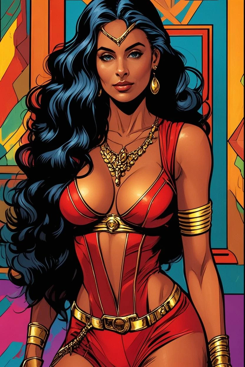1woman 30year old, solo, long hair, looking at viewer, black hair, navel, cleavage, bare shoulders, brown eyes, jewelry, medium breasts, earrings, midriff, belt, dark skin, necklace, bracelet, dark-skinned female, lips, armlet, ((dynamic pose)), ((dynamic angle)),