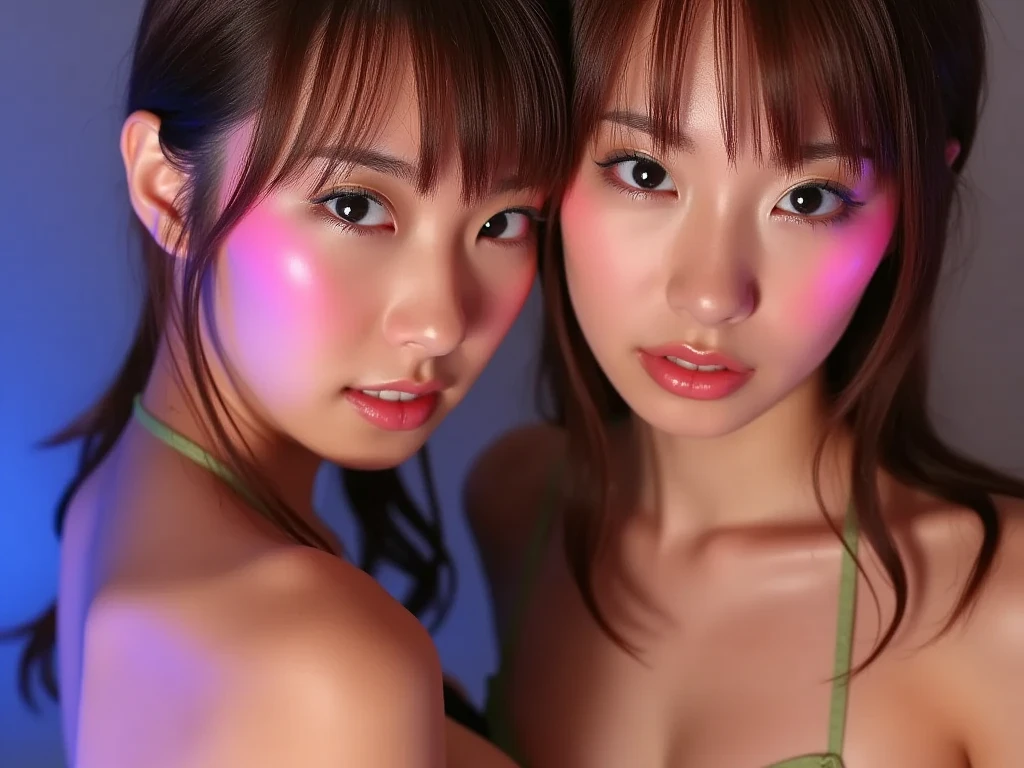 Identical twin sisters、Instagram model from another dimension, by 2 person, Imaginative, Metaphysical, Whimsical, Anaglyph Style, 1 Japan, Cute face, 18-year-old,