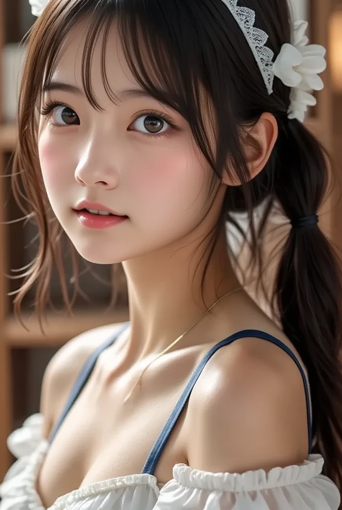 1girl, cute, 16 years old, seductive expression, look at viewer, off shoulder floral dress , seifuku, photo, realistic, best quality, hires, detailed face, classroom, detailed background, diffused lighting, depth of field, bokeh