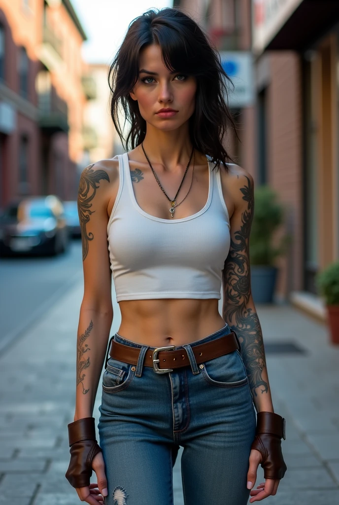 (masterpiece, best quality, high resolution:1.2), extremely detailed, colorful, paint splatter, colorful paint splatter, professional full-body photo of a gangster woman with a tattoo on her arm, film still wearing tied hot cut jeans short, tied white t-shirt showing her tummy and Billy, cut sleeves t-shirt tied on her boobs, medium size boobs, slow motion, turning her waste to look at viewer, a seducing smile on her face, pov, high quality, masterpiece, cinematic, close up, realistic, high res, pretty face, standing in middle of a crowded street, people at street scarred and running away from her, , (cinematic dark lighting, cinematic exposition, 4K realistic texture), (dynamic pose, soles, perfect face, cute, joker haircut, crazy laughing, crazy laugh, colorful, full body, paint explosion)