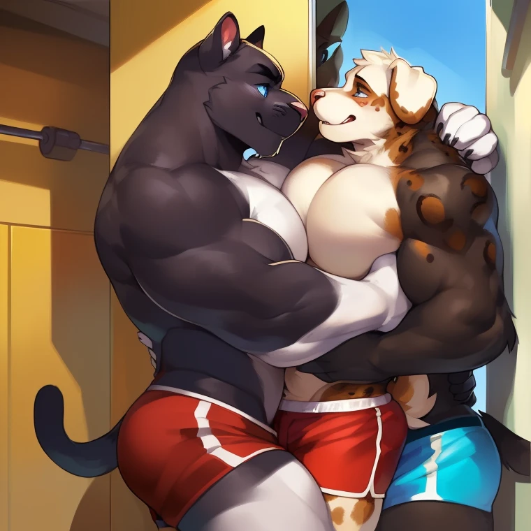 (duo, father and son:1.9) muscular anthro dobermann, (sitting, in bed, presenting worried father conforting son for the viewer:1.9). 4k, high resolution, best quality, posted on e621, solo, anthro body, anthro dobermann, black and tan body,older male, male, masculine, (very muscular, thick build, pectorals, body tufts:1.2), correct anatomy, ( bedroom background, morning), (by wfa:1.0), (by Taran Fiddler, by negger:1.0),( briefs, endowed crotch bulge:1.3), (detailed eyes), sexy, smile, shiny muscles, strong shadows, confident, seductive, flirting, half-body shot, photorealistic fur