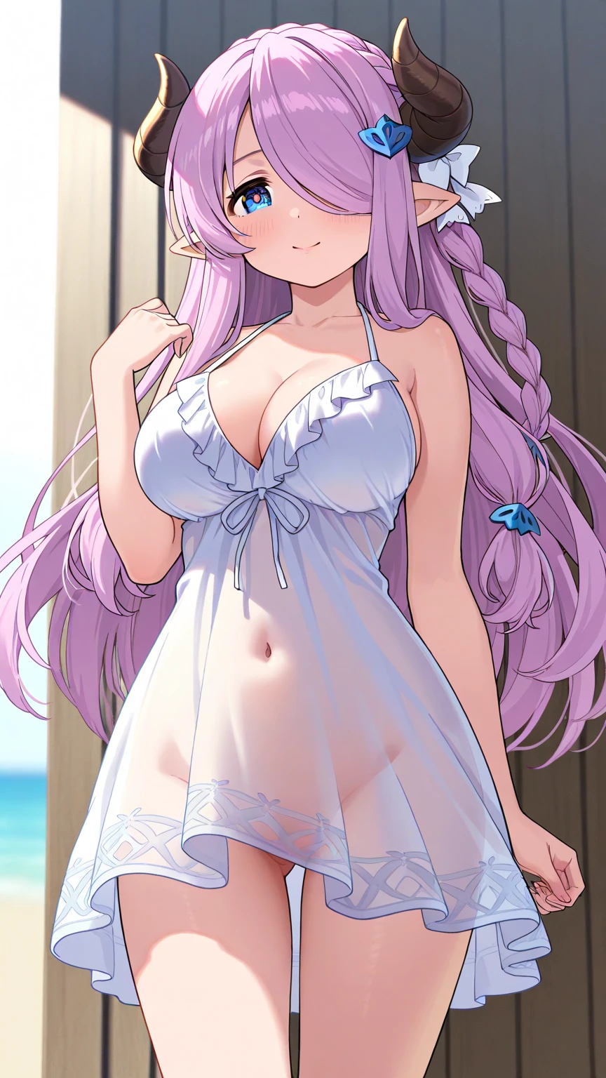 (masterpiece, dynamic lighting, ultra quality, cinematic lighting, dynamic shaders), best quality, 1girl, perfect face, cute face, purple hair, long luscious hair, slight curls, onigiri hair ornament, delicate fingers, delicate legs, blushing, shy, embarrassed, white summer dress, sandals, summer, sunlight, overhanging tree, sun rays, shadow, mini rainbow