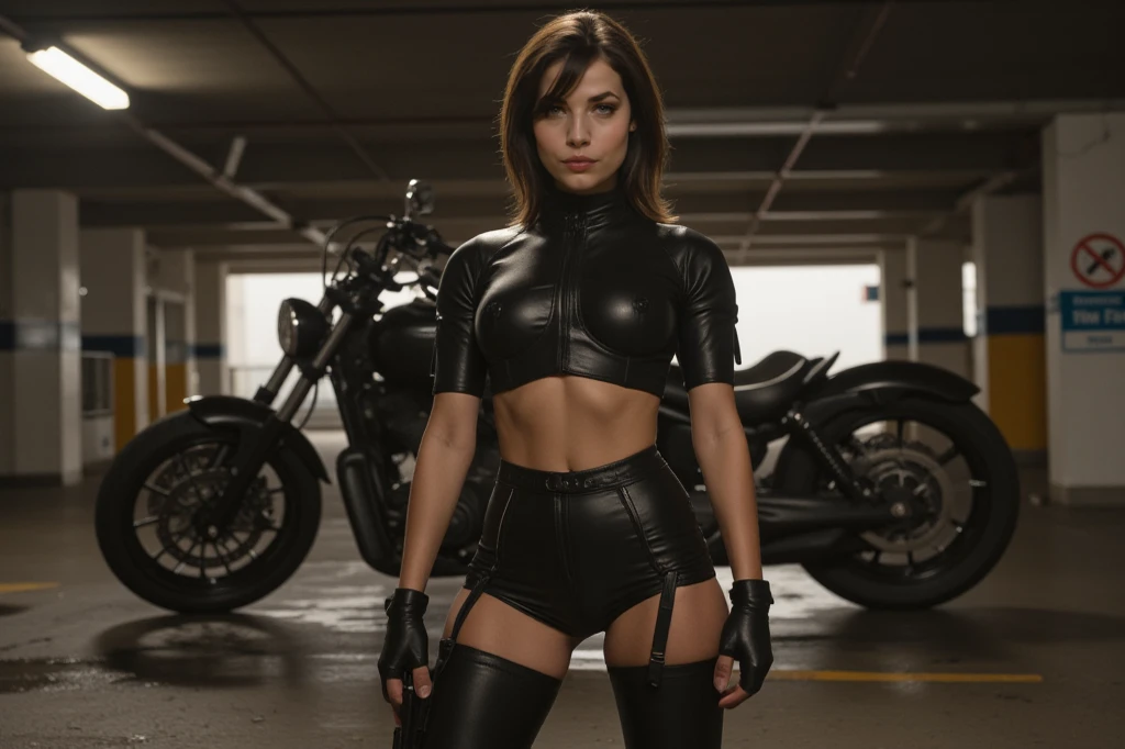 Sasha Grey.  Skinny girl worth aiming a gun at you. boots. fishnet stockings. Mini Shorts. Tight-fitting top with a large cutout on the chest. Simpunk, leather armor. Holster with weapon. There is a steam car in the background. Mechanisms and rust. Industrial design
