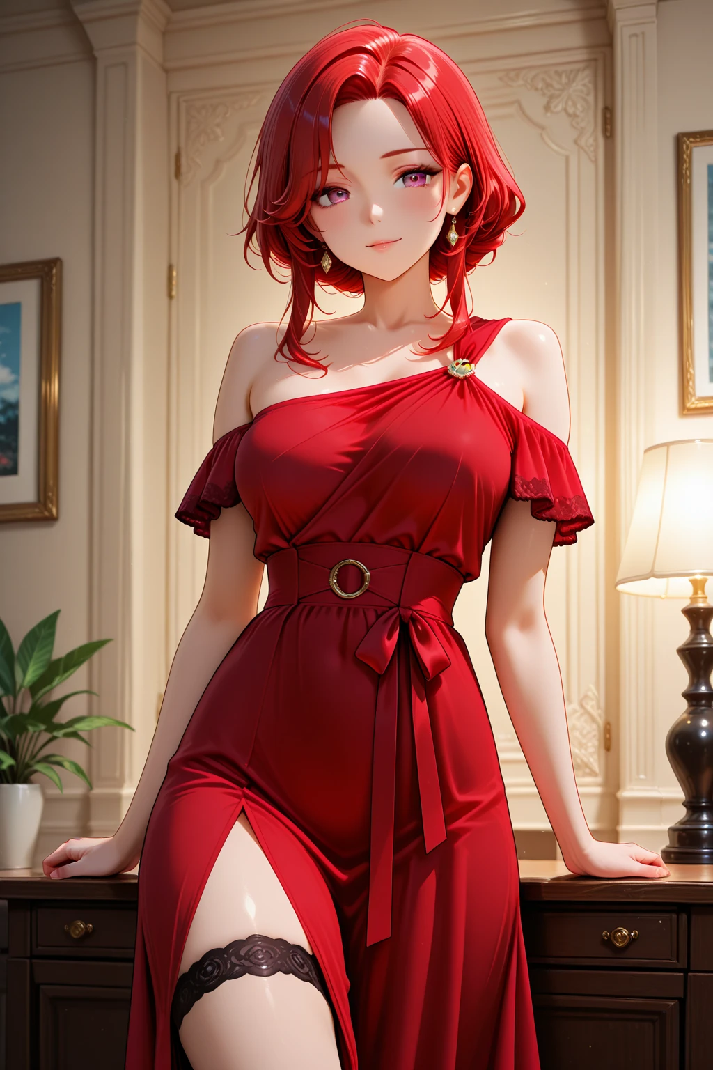 masterpiece), (best quality), (high resolution), (unity 8k wallpaper), (illustration:0.8), (beautiful detailed eye), (extremely detailed face), (extremely detailed CG), (souryuu asuka langley), (perfect hands, perfect anatomy), One Girl, blue eyes, hair between eyes, orange hair, two side up, (bare arms: 1.3), (bare legs: 1.3), put one hand on hips, (red halter neck long dress: 1.5), sandal, perfect lighting, standing, full body, looking at viewer, indoors, party venue, night