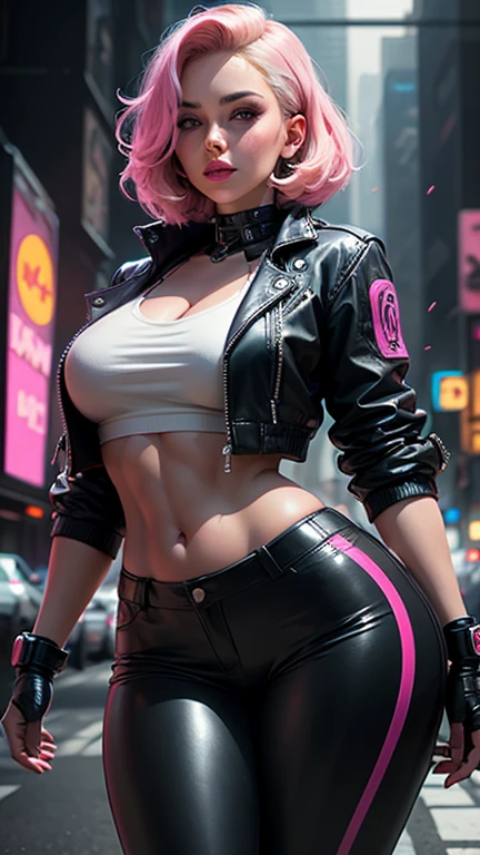 cyberpunked girl with smil leather jackets Pink leather pants huge tit Pink hair