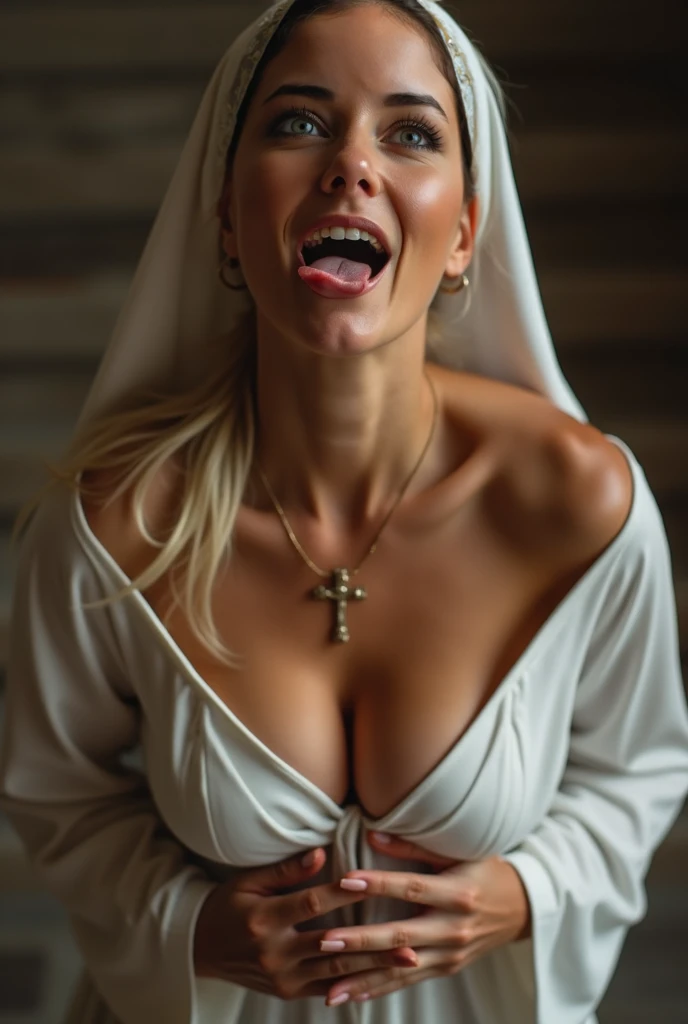 Blonde woman, mouth wide open, eyes wide open, 18 years, torn white wet thin long dress, full body pic, on her knees, church, wet hair