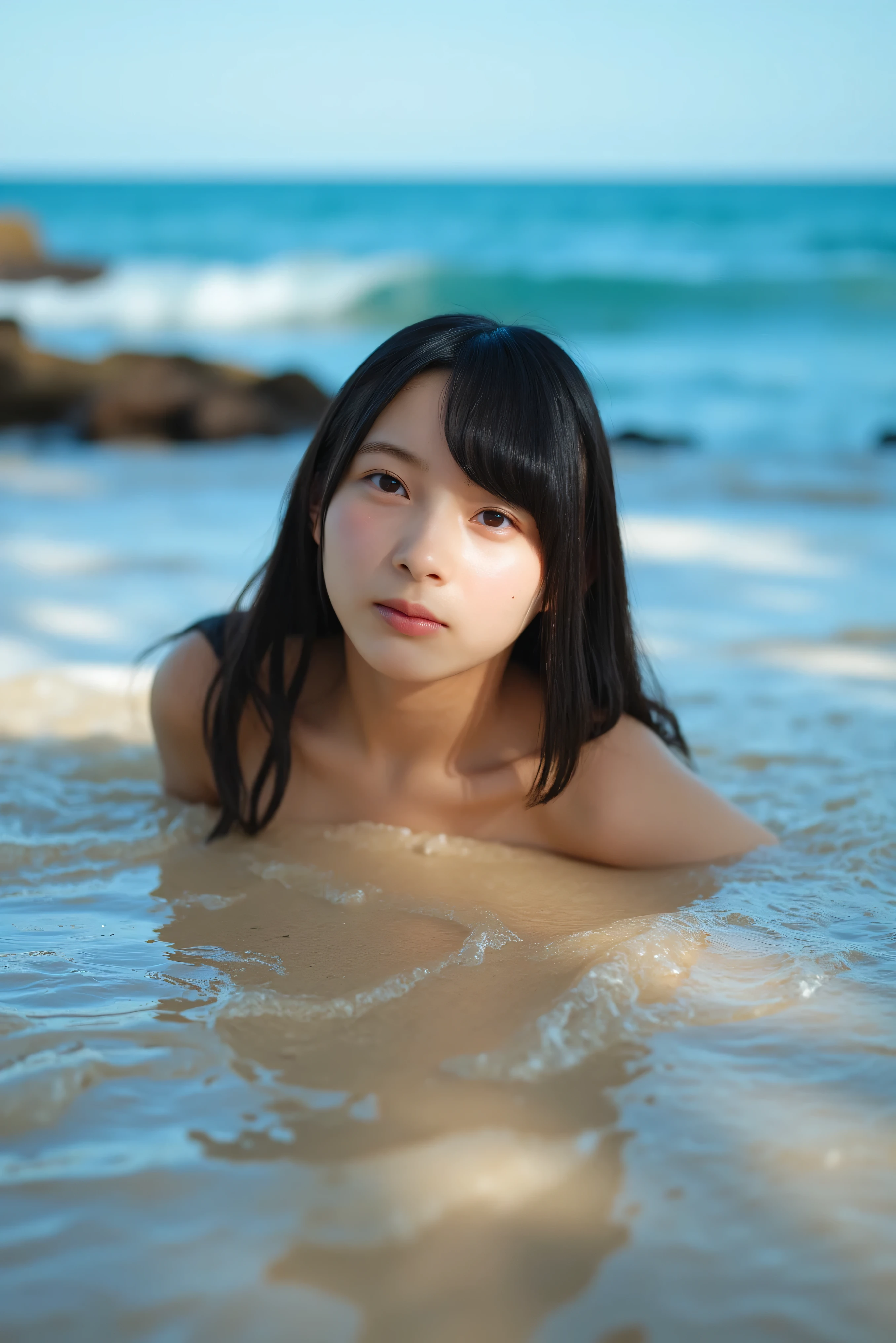 Man and woman having sex, Madly in love, Naked in the sea,A girl and a man with a penis are having sex,missionary position, spread legs, legs up,The female genitals are in full view、Close-up of female genitalia、Female genitalia are wet and shiny、Lower body close-up