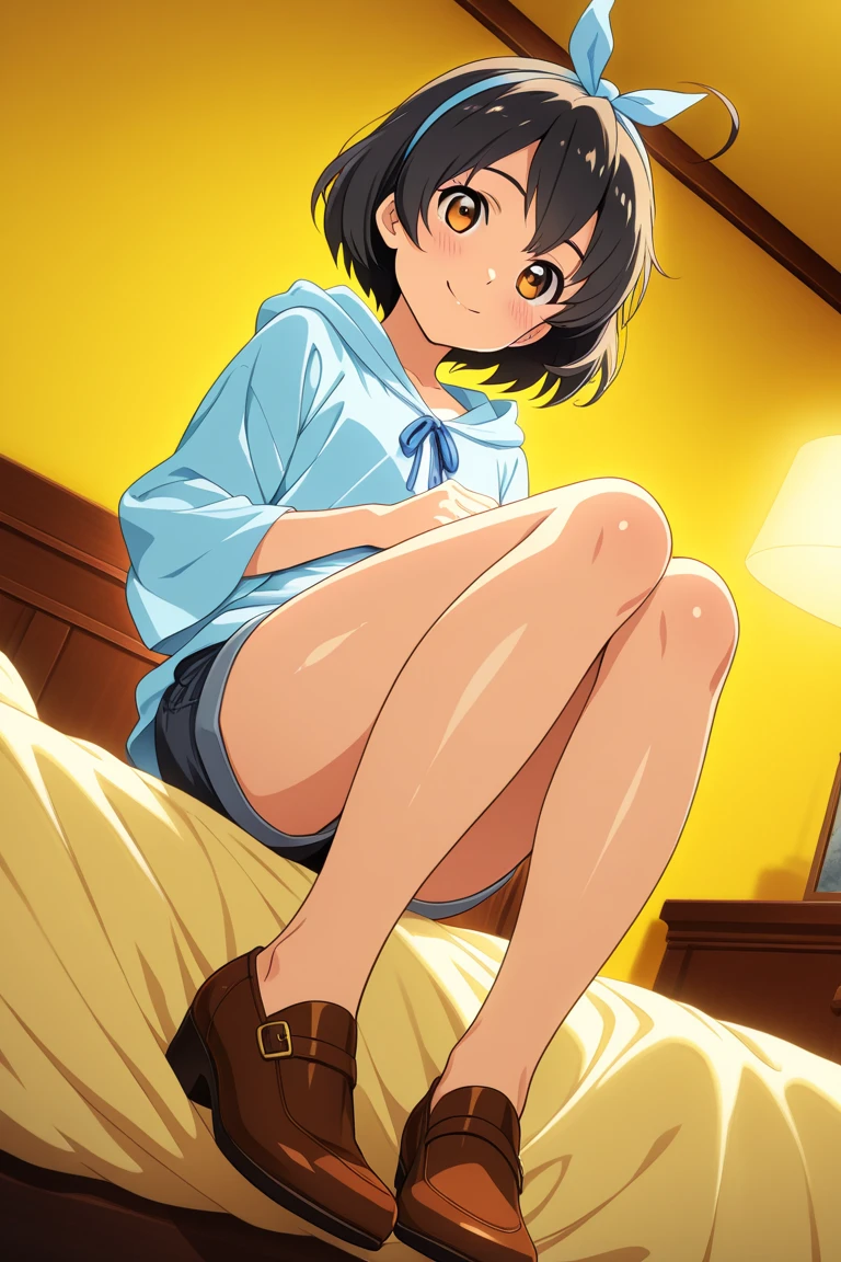 beautiful, masterpiece, best quality, extremely detailed face, perfect lighting, (absurdres), 1girl, cute face,
small face, smile,
15 y/o Japanese girl , chubby female,
short hair, Light brown hair,
, (school uniform micro mini white skirt:1.3),
on the Floral futon, (look at viewer:1), lying, (wake up:1.2),
(micro mini panties:1.3), (Floral panties:1.3),
(knee up:1.3), flower,