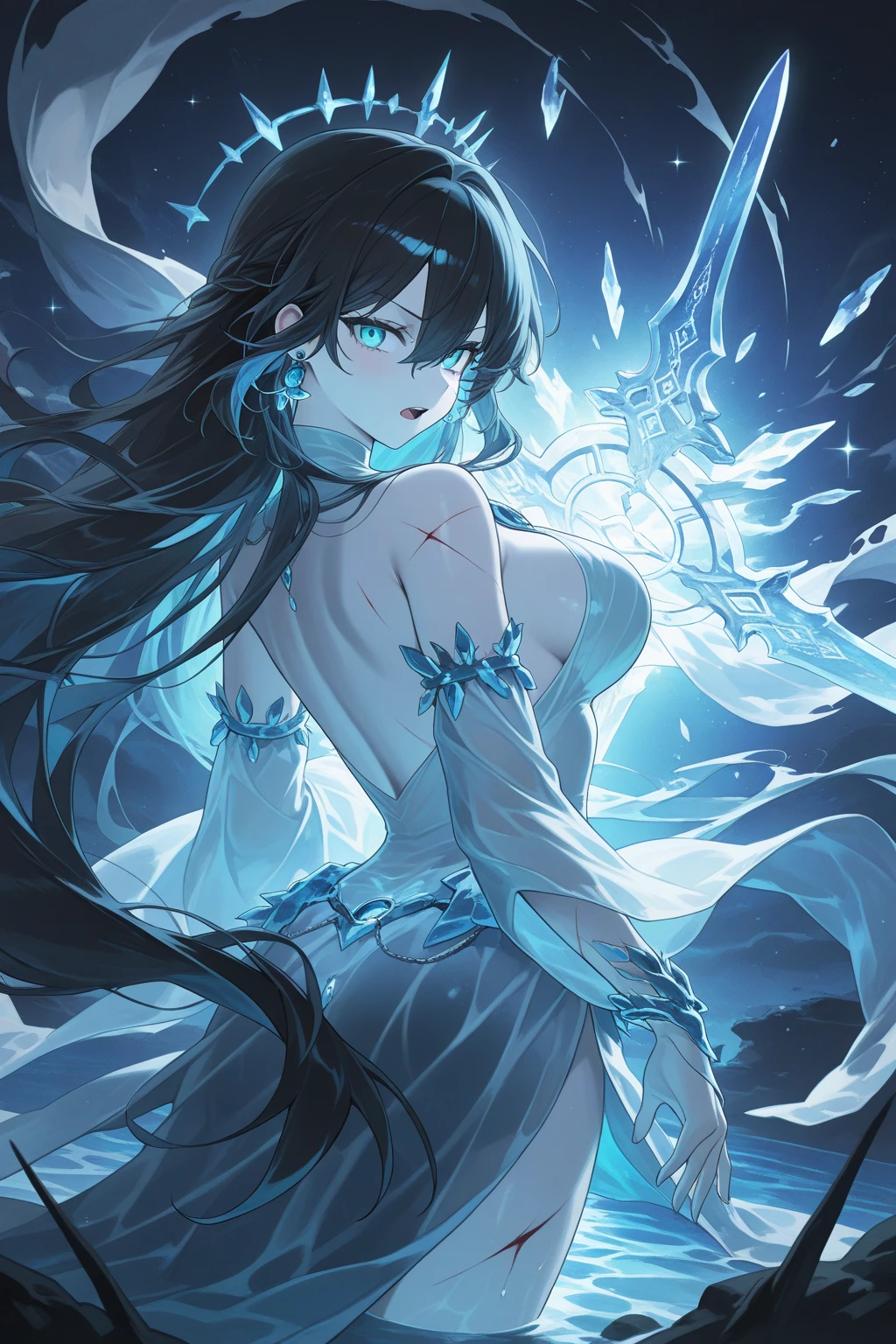 ((masterpiece, best quality)), Epic battlefield atmosphere，Delicate face，The goddess of the sea，Holding a staff，whole body，Standing picture，glowing purple eyes，Large Breasts，Gradient white long wavy hair，Perfect body proportions，Pure white background，Water Ripples，Lace，Sex bikini