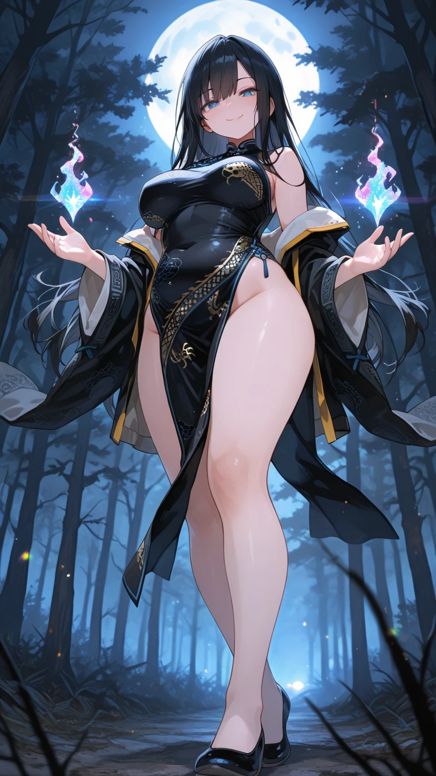 Great quality, (1. Female), nobara, Perfect Eyes, (Are standing), (wearing Mage Dress), Mage Dress, Long body, (Blonde ponytail), whole body, (Casting spell), Blue light flash, Blue spark, (Big Breasts), Huge Ass, Thick thighs, (Long body), wide waist, Thin body, fit, Perfect Face, sexy, (Blushing), beautiful girl