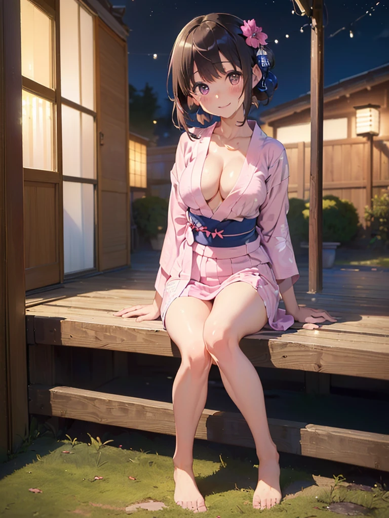 (​masterpiece:2.0), (top-quality:2.0), (sitting naked:1.5), (extremely mini skirt extremely small pink yukata:1.5), (super thin fabric:1.5), (sexypose:1.5), (blushed face:1.3), (barechested:1.3), (realistic:1.5), 1 , precise hands, Embarrassed look, light smile, Look at me and smile, extremely cute girl, innocent face, young face, Clear eyes, Shining eyes, small breast, (cleavage of the breast is visible:1.5), (the thighs is visible:1.5), The crotch is visible, No pubic hair, full body, The beautiful skin, ultra-definition, Top resolution, japan high school student, brown hair, at the night festival
