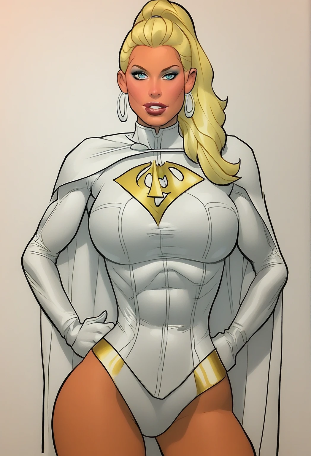 score_9, score_8_up, score_7_up, score_6_up, score_5_up, score_4_up, Sexy, Superheroine, blonde hair, green eyes, long hair, busty, ((White skimpy highleg leotard with a t-back thong)), gold belt, gold cape, thin white headband, deep v cleavage cutout, happy expression, ass