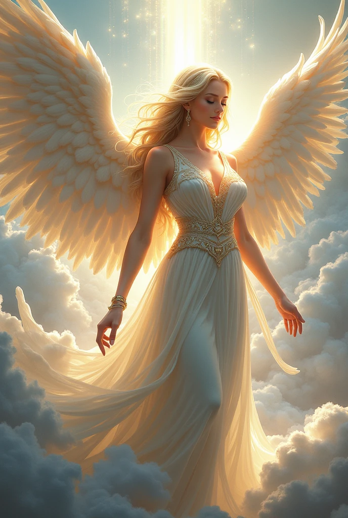 universe space, Saturn in the background, Beautiful female angel, Light brown outfit, whole body
