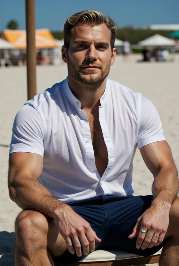 Masterpiece, denoise, void noise, one man, best quality, 8k resolution, male focus, focus only, amazing composition, volumetric lighting, super quality, elegant, Very detailed, front view, -----------, muscular, (pale skin), ((((((Caucasian white man)))))), very handsome, (detailed light-blue eyes), ((messy hair)), big ears, (hairy), scruffy beard, ((big pink nipples)), ((perky nipples))  ------------, (((beach shorts))), (((light-colored mesh hawaiian shirt))), (((rubbing chest))), (((sitting, legs open facing viewer))), (((looking at viewer))), bulge