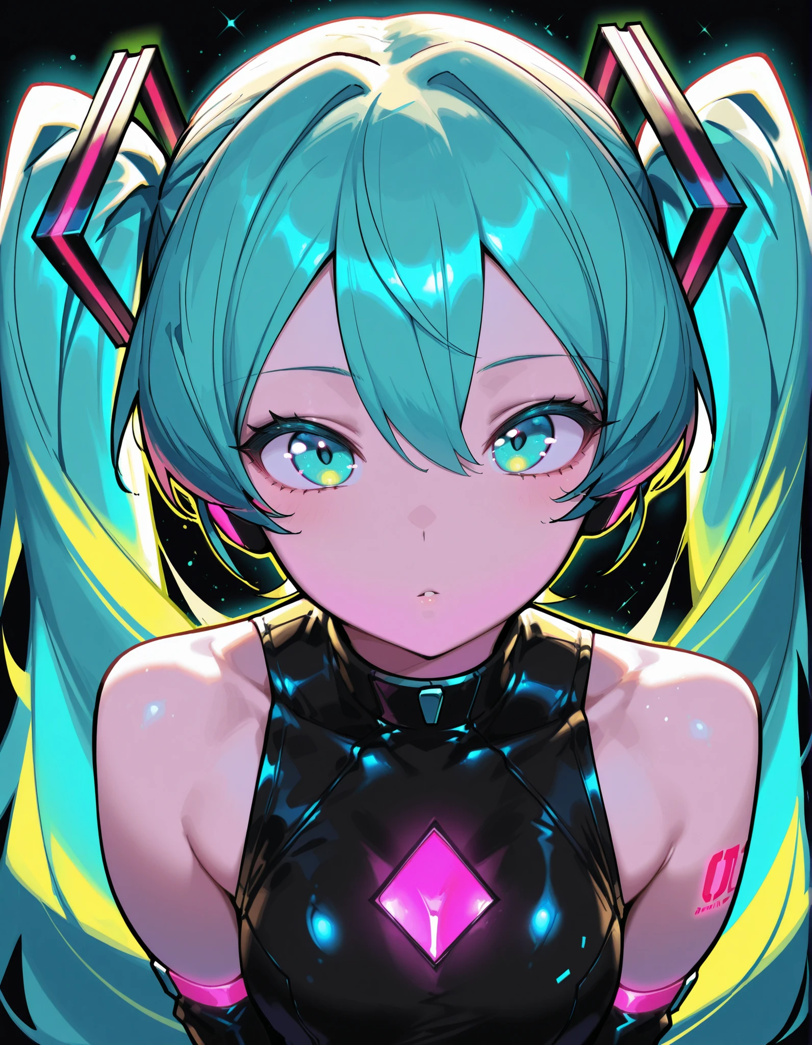 CuteToon_ST,, Hatsune Miku,limited palette,black background,colorful,vibrant,glowing outline,neon,blacklight,looking at viewer, masterpiece, very aesthetic,