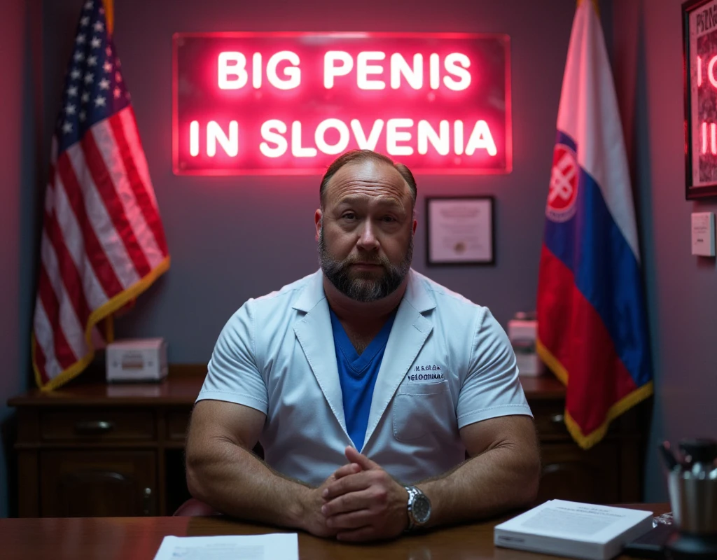 Realistic photo! Doctor's office, beautifully decorated , behind the doctor's head there is a neon sign with the inscription "BIG PENIS IN SLOVENIA", the US flag and the Slovenian flag hang on the wall, a muscular doctor is sitting at the table, looks straight into the camera
