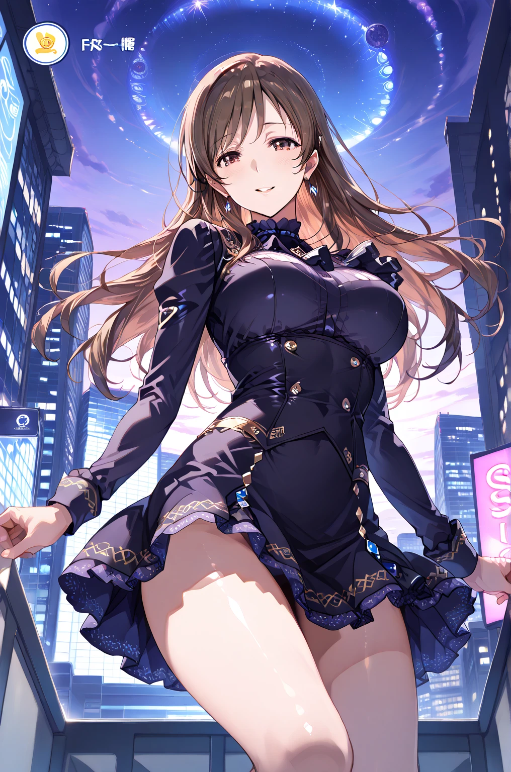 ((16k,Raw photography,top-quality,hight resolution,Ray tracing,PBR Texture,Post-processing,)),((Blue leather bondage skirt, Cute Japan anime girl:2.0,Sailor Moon,Moon rabbit,long wavy brown hair,Big breasts that emphasize cleavage:2.0,bare hand,Thin leg,blue eyess,complete5Depiction of the finger,Elaborate limb representation,Limbs are2One,Fingers in total5Portrayed in books,A beautiful woman with perfect body)))(finerly detailed face:1.5),(masterpiece:1.5),(top-quality:1.5), Beautiful fine skin,(Complex fishnet stockings),pin heels,Leather luster :3.0,Beautiful skin,(Black corset,Blue Body Con Long Skirt),((tthin eyebrows,long eyelashes,smil,二重まぶた,)),No title required,Do not wear anything on your shoulders,Create beautiful light effects on the background、Light Particle Filter,Girl fighting in town,(finerly detailed face:1.4),(masterpiece:1.4),(top-quality:1.4), Beautiful fine skin,(Complex fishnet stockings),pin heels,Leather luster 3.0,Beautiful skin,(The leather corsets),((tthin eyebrows,long eyelashes,smil,二重まぶた,Glossy lips)),No title required,Do not wear anything on your shoulders,Bold figure,Staring from the front,Create beautiful light effects on the background、Light Particle Filter,Show off your beautiful legs while strolling around the city,Trends on pixiv,Mystical aura,Illuminati style,