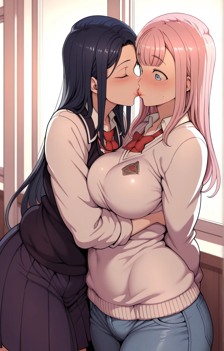 lesbian (very long yellow hair)(pechos big ones, Thighs big ones)(with  clothes it is very tight) that he is kissing at school with his girlfriend,(pechos big ones, Thighs,(naked) big ones)lesbian love