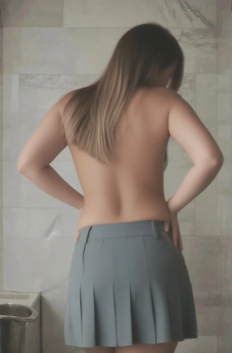 Evie , in a school bathroom , , , looking at the camera , ,, , , , , from above , , , , , nude, naked , detached hair , , from behind