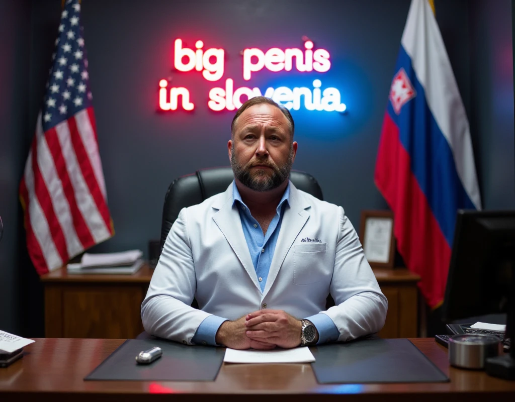 Realistic photo! Doctor's office, beautifully decorated , behind the doctor's head there is a neon sign with the inscription "BIG PENIS IN SLOVENIA", the US flag and the Slovenian flag hang on the wall, a muscular doctor is sitting at the table, looks straight into the camera
