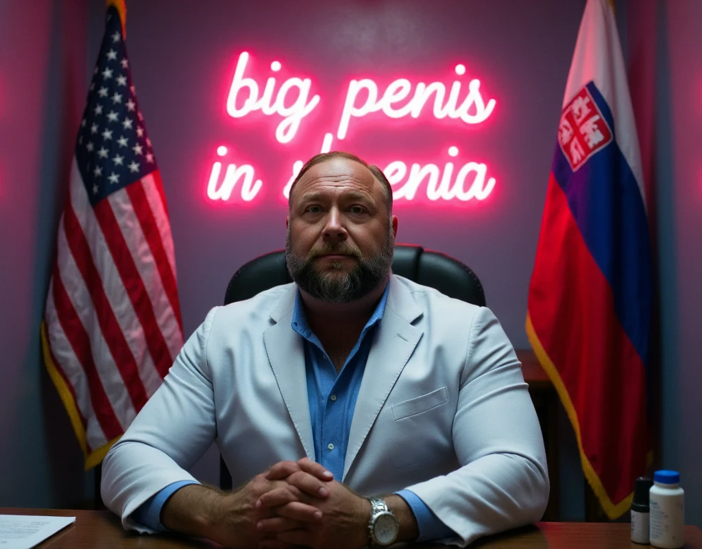 Realistic photo! Doctor's office, beautifully decorated , behind the doctor's head there is a neon sign with the inscription "BIG PENIS IN SLOVENIA", the US flag and the Slovenian flag hang on the wall, a muscular doctor is sitting at the table, looks straight into the camera
